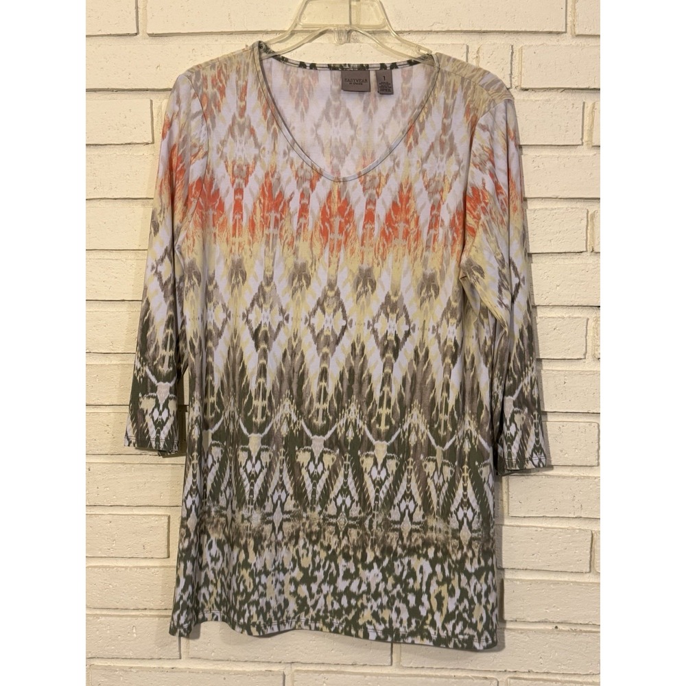 Easywear By Chicos 1 Size (Med/8) Women's Tan & Peach 3/4 Sleeve Tunic